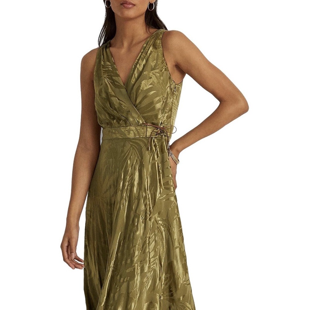 Lauren Ralph Lauren Olive Green Botanical Jacquard Lace-Up Maxi Dress 12